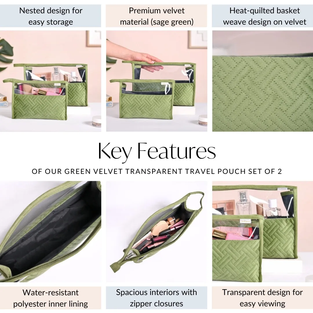 Green Velvet Transparent Travel Pouch Set Of 2