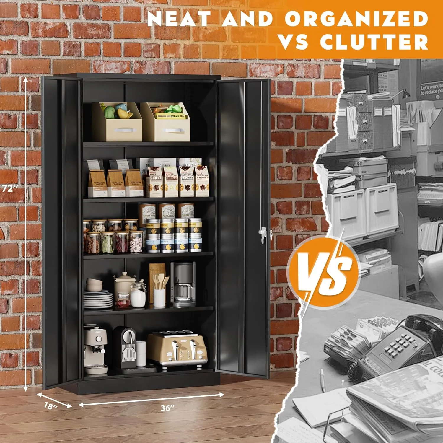 Greenvelly Steel SnapIt Storage Cabinet 72" Locking Metal Garage Storage Cabinet with 4 Adjustable Shelves, 2 Doors and Lock for File, Office, Garage, Home (Black)