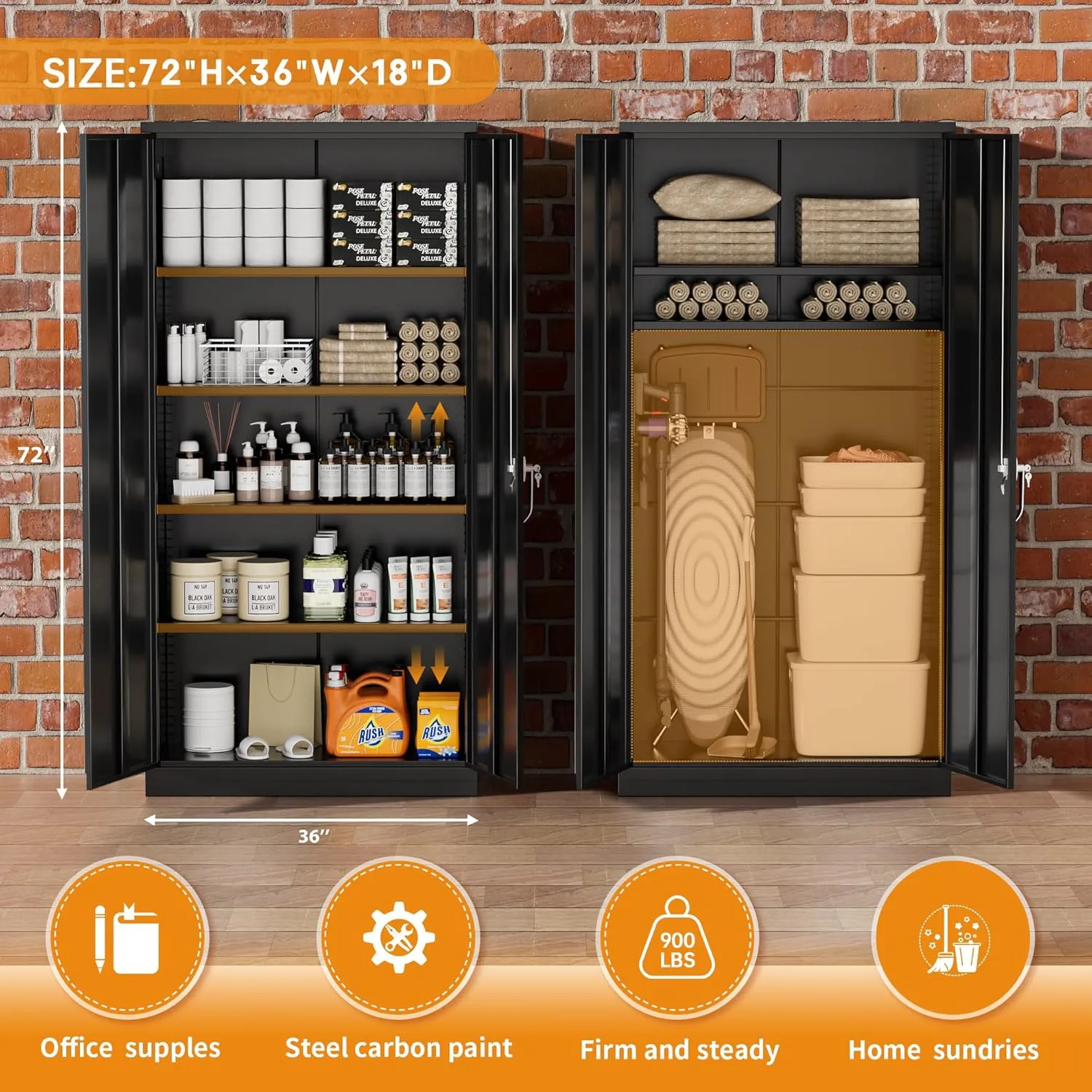 Greenvelly Steel SnapIt Storage Cabinet 72" Locking Metal Garage Storage Cabinet with 4 Adjustable Shelves, 2 Doors and Lock for File, Office, Garage, Home (Black)