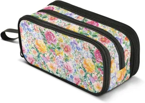 GuoChe Flowers Peonies Rose Colorful Nylon Pencil Bag School High Capacity Pencil Case Organizer School Stationery for School Teacher
