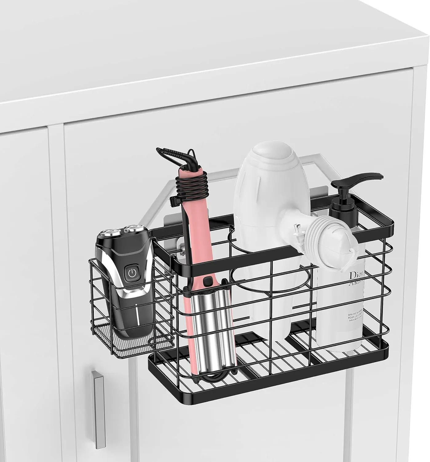 Hair Tool Organizer - Black Steel Wall Mounted Hair Dryer Holder with Removable Basket, 10.62"L x 4.33"W x 6.69"H, Ideal for Small Bathrooms