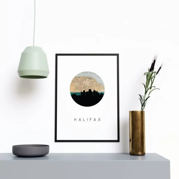 Halifax, Nova Scotia city skyline with vintage Halifax map