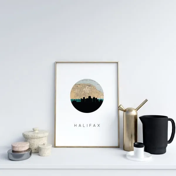 Halifax, Nova Scotia city skyline with vintage Halifax map
