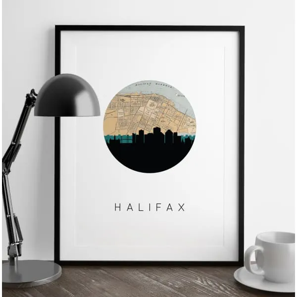 Halifax, Nova Scotia city skyline with vintage Halifax map