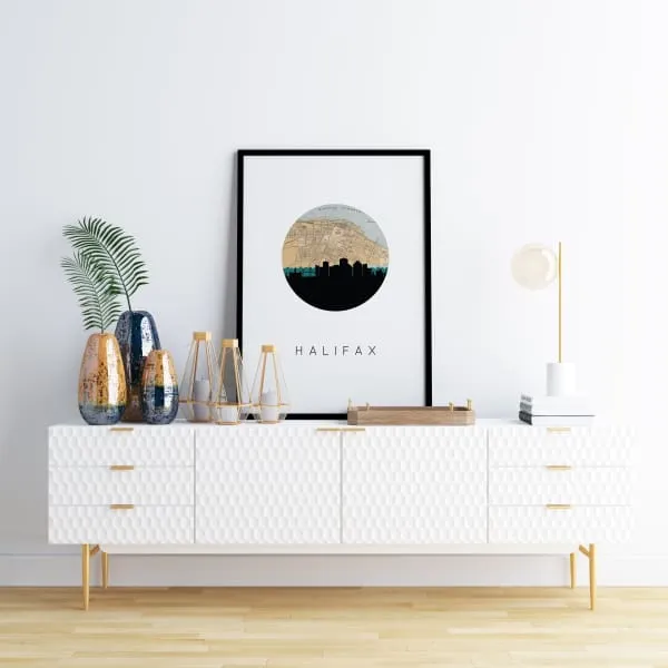 Halifax, Nova Scotia city skyline with vintage Halifax map