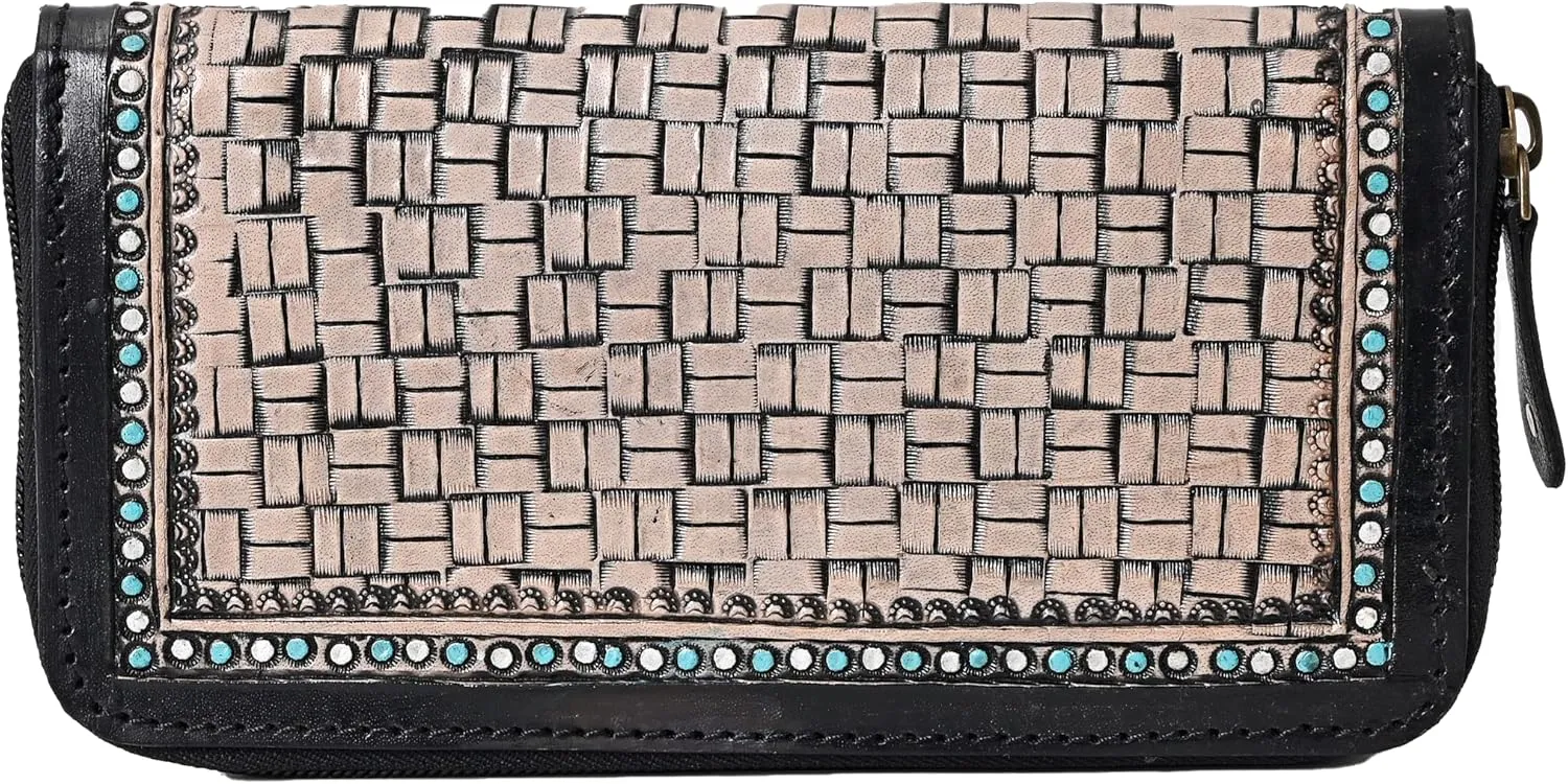 Handcrafted Western Leather Wallet for Women Cowhide Hand Wrist Wallet Card Holder RFID Protected Hand Purses Leather Hand Bag Genuine Leather Handtooled Wallet with Multi Pockets