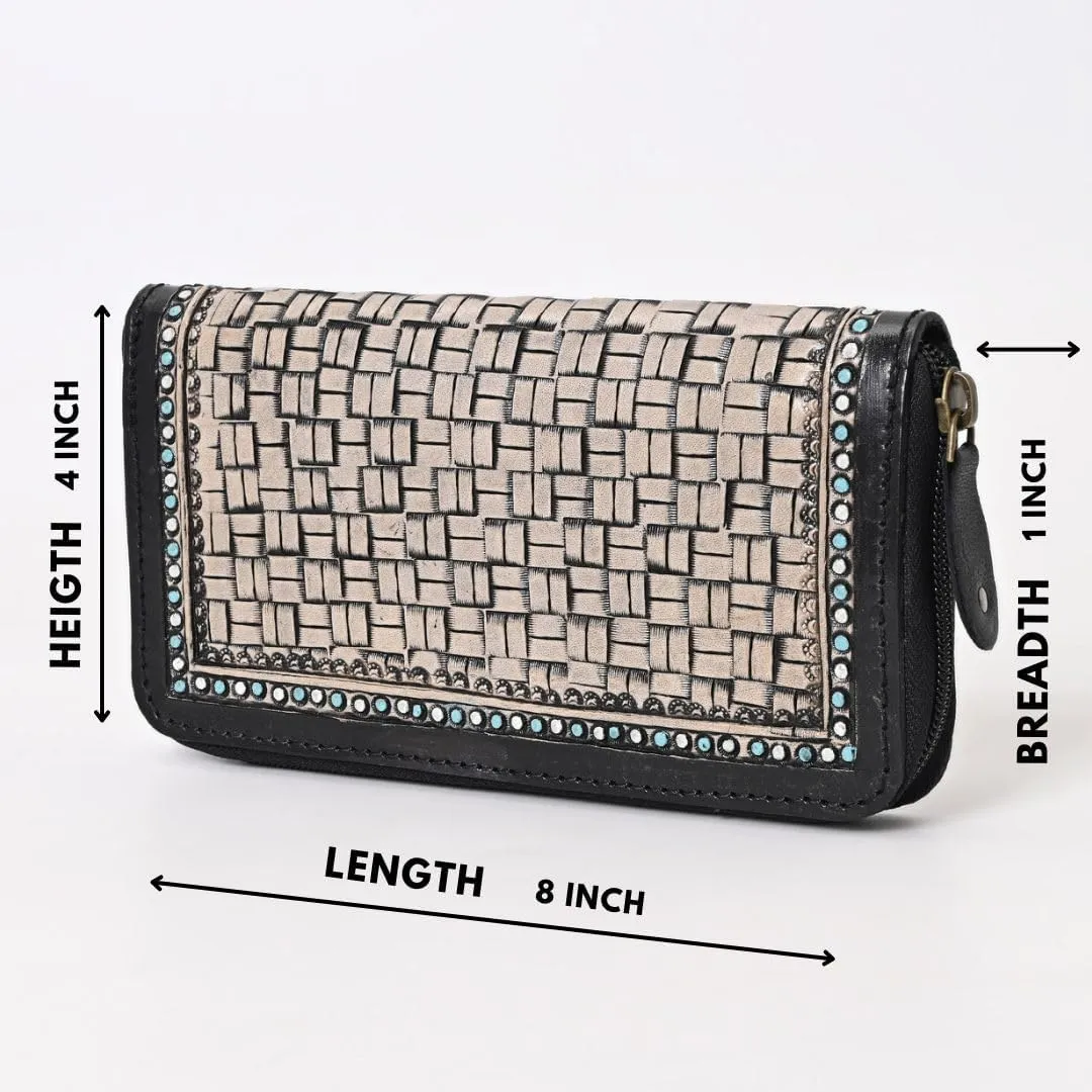 Handcrafted Western Leather Wallet for Women Cowhide Hand Wrist Wallet Card Holder RFID Protected Hand Purses Leather Hand Bag Genuine Leather Handtooled Wallet with Multi Pockets