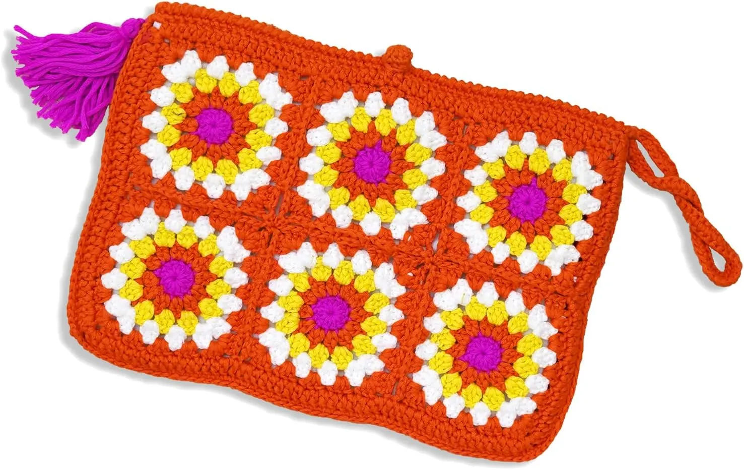 Handmade Crochet Clutch bag,Charming Knitted Clutch Purses for Women,Granny Square Design Summer Beach Handbag Purse with Tassel and Wristlet