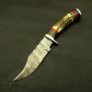 Handmade Damascus Steel Knife 10" Inch – Fireside Camping & Skinning Tool with Stag/Antler Handle & Leather Sheath – Best Gift for Him