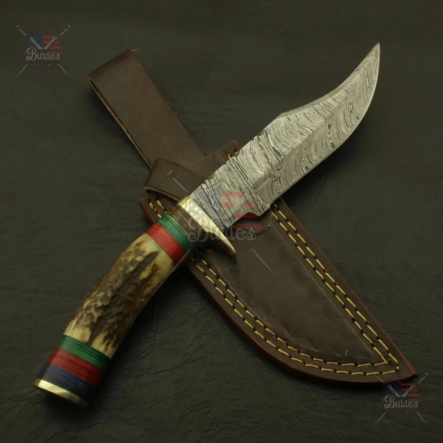 Handmade Damascus Steel Knife 10" Inch – Fireside Camping & Skinning Tool with Stag/Antler Handle & Leather Sheath – Best Gift for Him