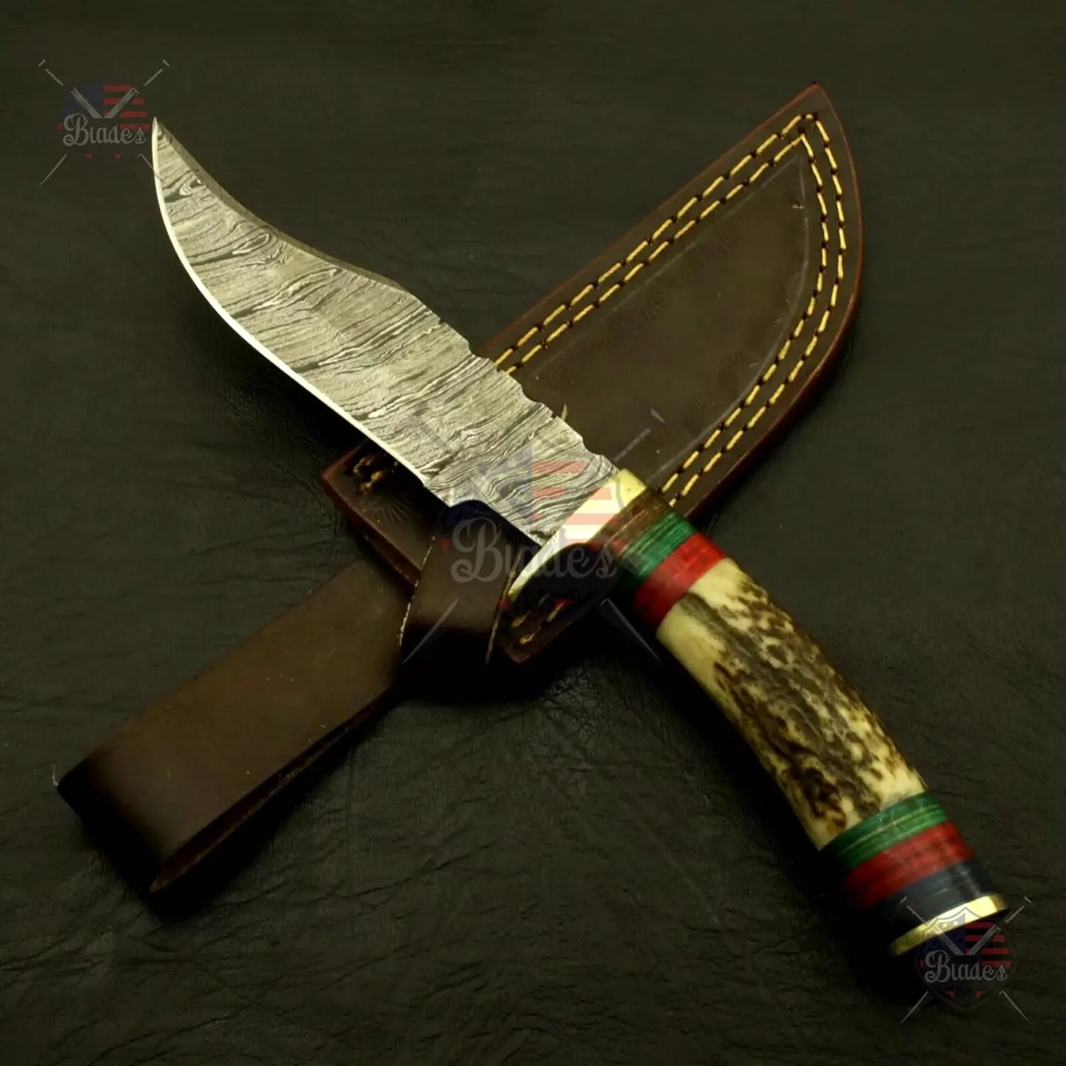 Handmade Damascus Steel Knife 10" Inch – Fireside Camping & Skinning Tool with Stag/Antler Handle & Leather Sheath – Best Gift for Him