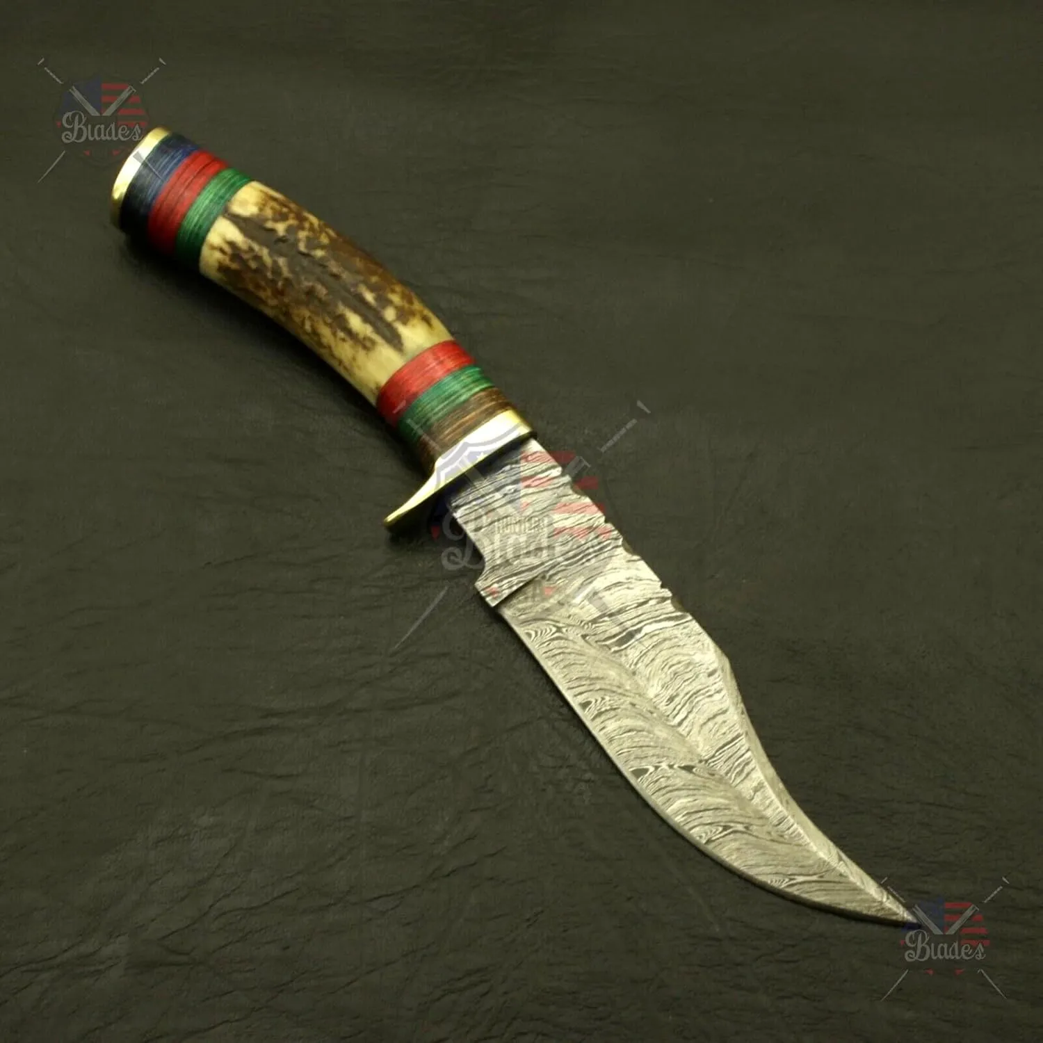 Handmade Damascus Steel Knife 10" Inch – Fireside Camping & Skinning Tool with Stag/Antler Handle & Leather Sheath – Best Gift for Him