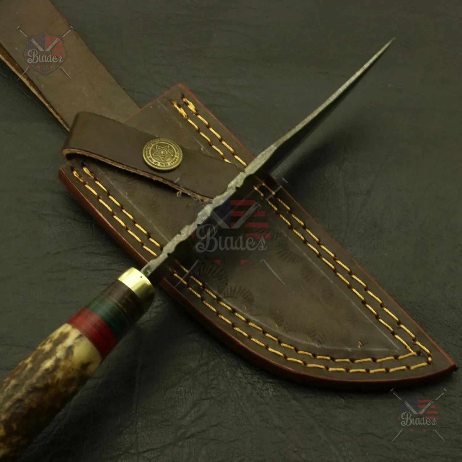 Handmade Damascus Steel Knife 10" Inch – Fireside Camping & Skinning Tool with Stag/Antler Handle & Leather Sheath – Best Gift for Him
