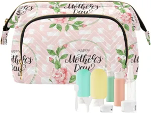 Happy Mother's Day Ink Watercolor Roses with White Stains on Pink Women Cosmetic Bag Makeup Bag Stylish Trip Beauty Bag Travel Toiletry Bag with Bottle Organizer 10.2 x 5.9 x 6.7 inch