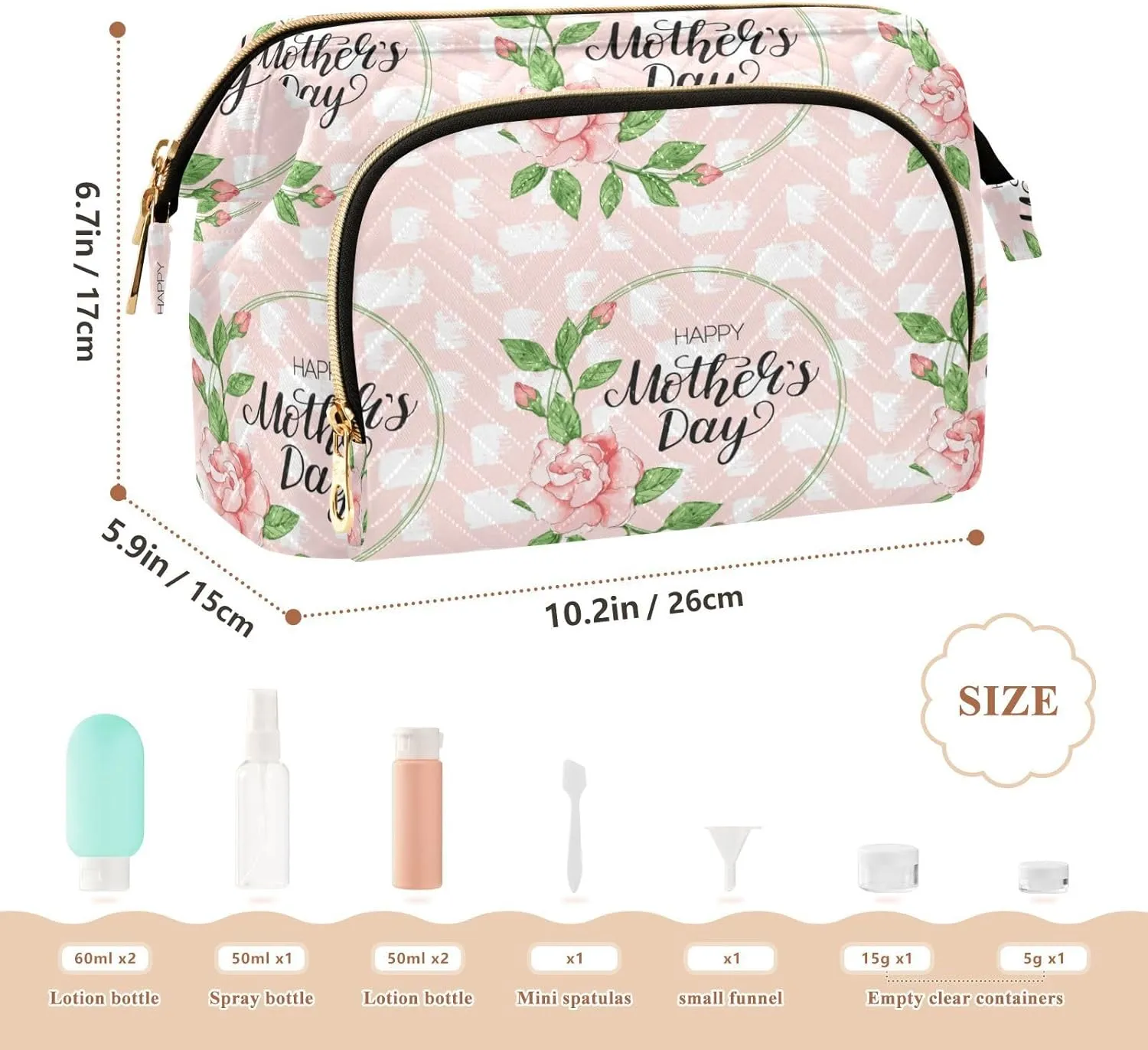 Happy Mother's Day Ink Watercolor Roses with White Stains on Pink Women Cosmetic Bag Makeup Bag Stylish Trip Beauty Bag Travel Toiletry Bag with Bottle Organizer 10.2 x 5.9 x 6.7 inch