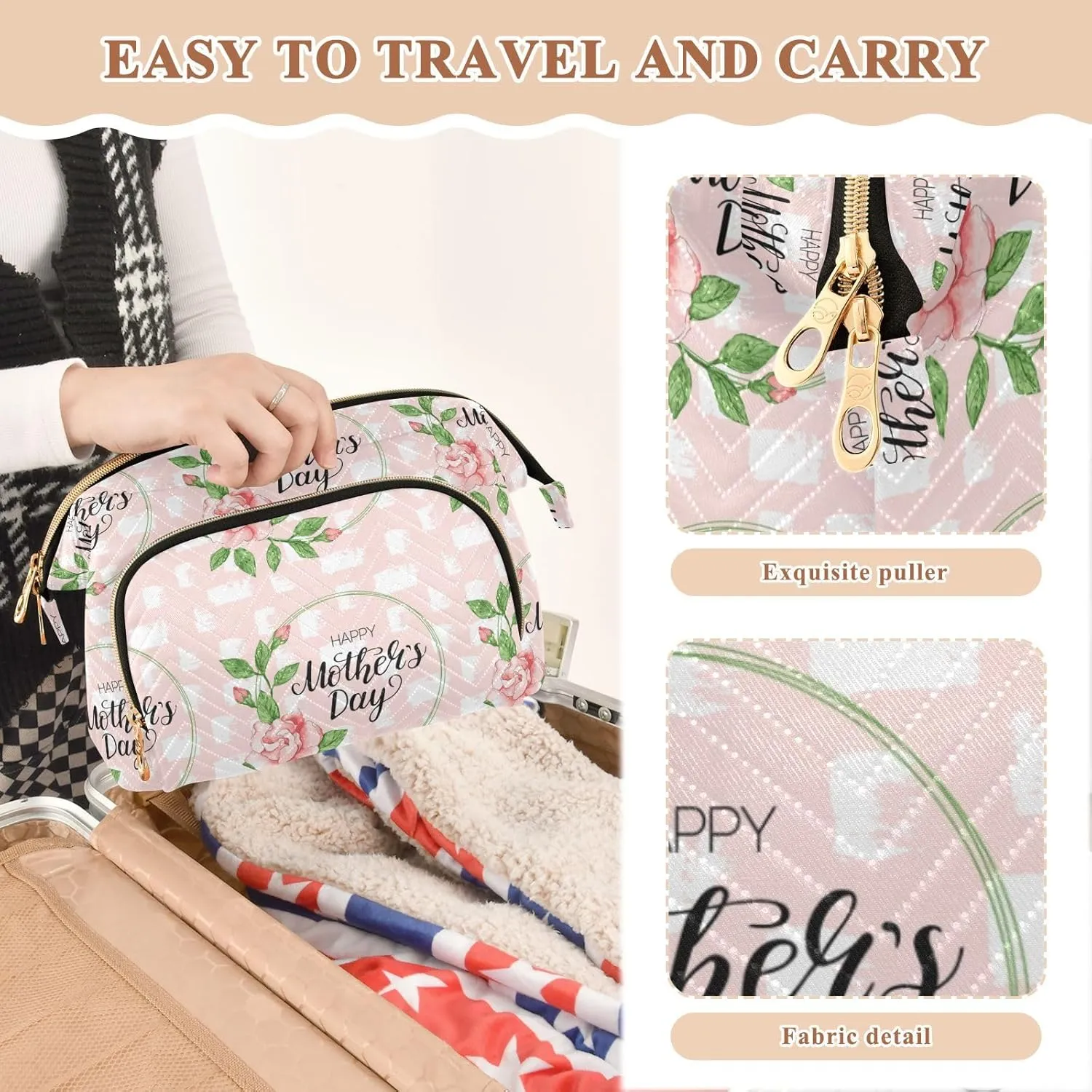 Happy Mother's Day Ink Watercolor Roses with White Stains on Pink Women Cosmetic Bag Makeup Bag Stylish Trip Beauty Bag Travel Toiletry Bag with Bottle Organizer 10.2 x 5.9 x 6.7 inch