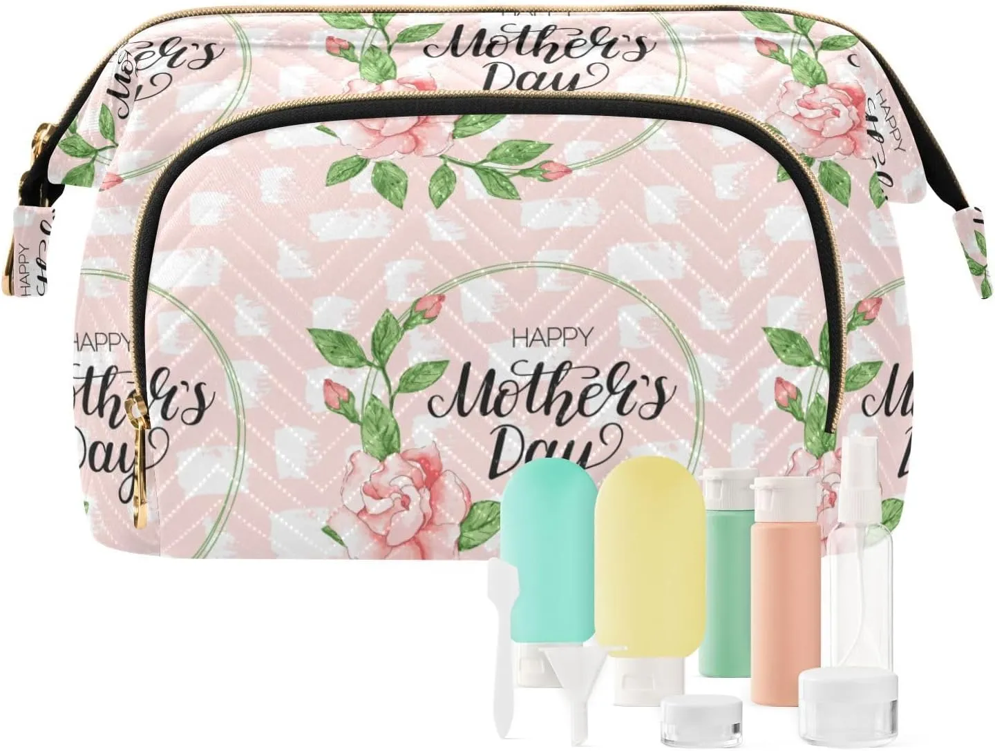 Happy Mother's Day Ink Watercolor Roses with White Stains on Pink Women Cosmetic Bag Makeup Bag Stylish Trip Beauty Bag Travel Toiletry Bag with Bottle Organizer 10.2 x 5.9 x 6.7 inch