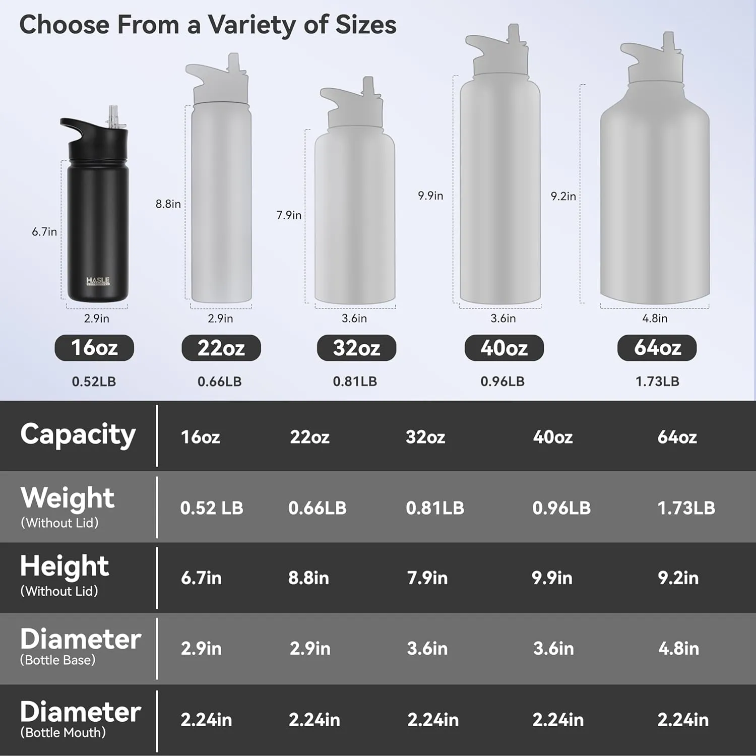 HASLE OUTFITTERS Insulated Water Bottle 16 oz Double Wall Vacuum Stainless Steel Water Bottle Leak Proof for School Wide Mouth with Straw Lid & Spout Lid Keeps Cold and Hot(Black,8pack)
