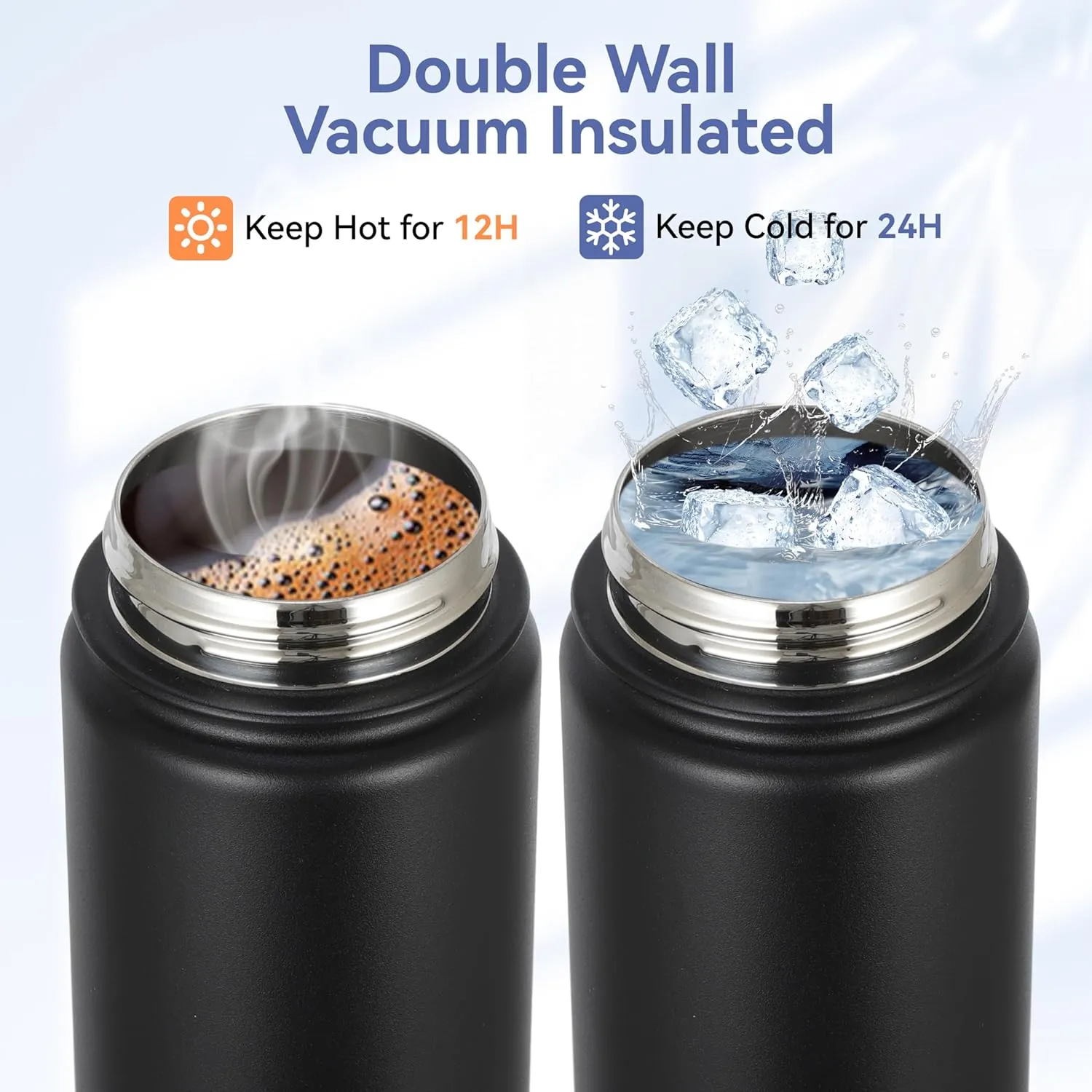 HASLE OUTFITTERS Insulated Water Bottle 16 oz Double Wall Vacuum Stainless Steel Water Bottle Leak Proof for School Wide Mouth with Straw Lid & Spout Lid Keeps Cold and Hot(Black,8pack)