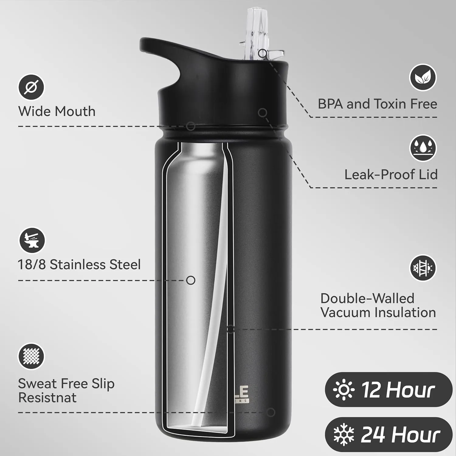 HASLE OUTFITTERS Insulated Water Bottle 16 oz Double Wall Vacuum Stainless Steel Water Bottle Leak Proof for School Wide Mouth with Straw Lid & Spout Lid Keeps Cold and Hot(Black,8pack)