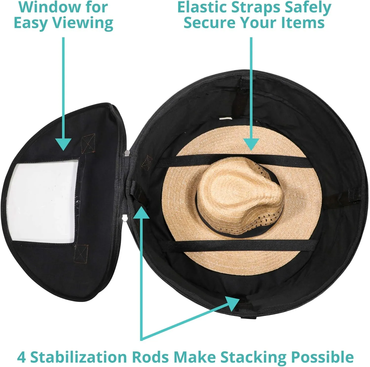 Hat Storage Box | Stuffed Animal Toy Storage | Stackable Round Pop-up Container | Travel Hat Boxes for Women & Men | Closet Organizer w Lid | Dust Cover Cowboy Sun Beach Hats (Black, 2 Pack)