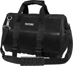 HAUTMEC 16-inch Heavy Duty Wide Open Mouth Tool Bag, Shoulder Organizer Bag with Water-Proof Molded Base, Double 600D Fabric, Black, HT0096-TB