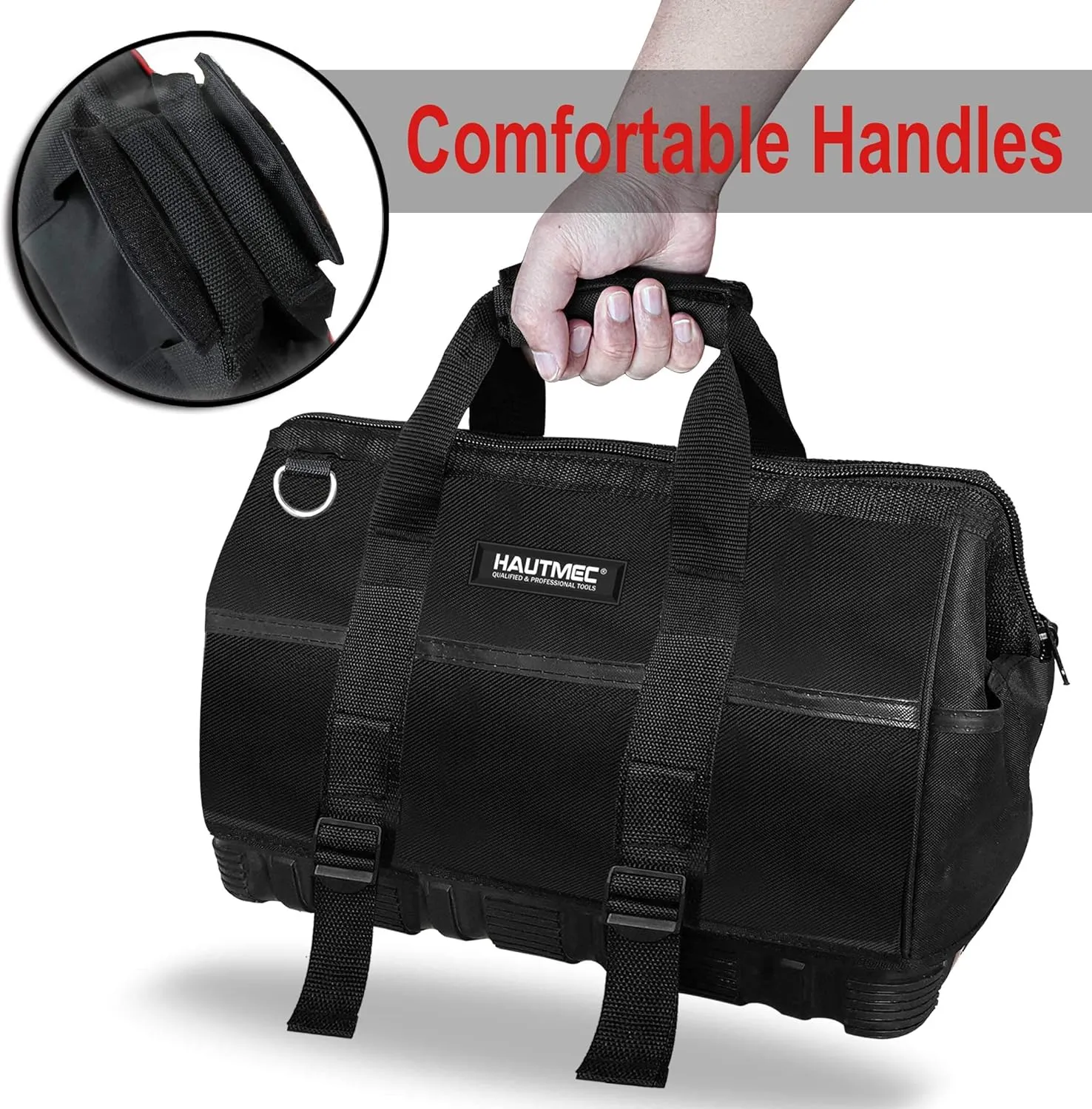 HAUTMEC 16-inch Heavy Duty Wide Open Mouth Tool Bag, Shoulder Organizer Bag with Water-Proof Molded Base, Double 600D Fabric, Black, HT0096-TB