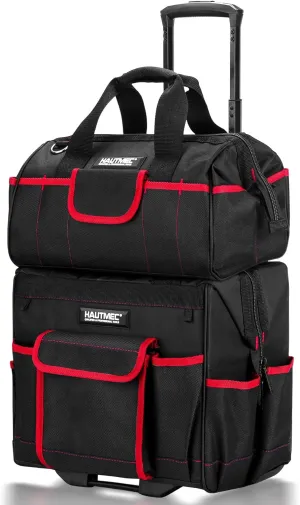 HAUTMEC 2-Piece Rolling Tool Bag Set, 15” Heavy-Duty Tool Bag with Wheels & 15" Wide Mouth Utility Bag, 1680D Water-Resistant Durable Tool Storage – HT0288