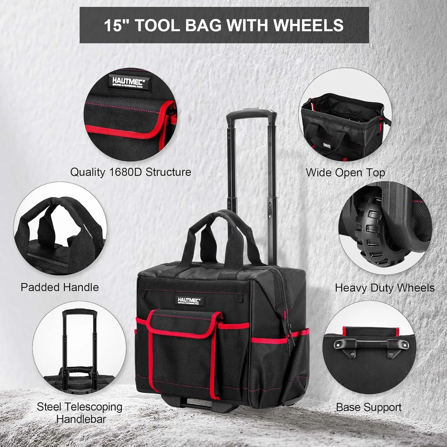 HAUTMEC 2-Piece Rolling Tool Bag Set, 15” Heavy-Duty Tool Bag with Wheels & 15" Wide Mouth Utility Bag, 1680D Water-Resistant Durable Tool Storage – HT0288