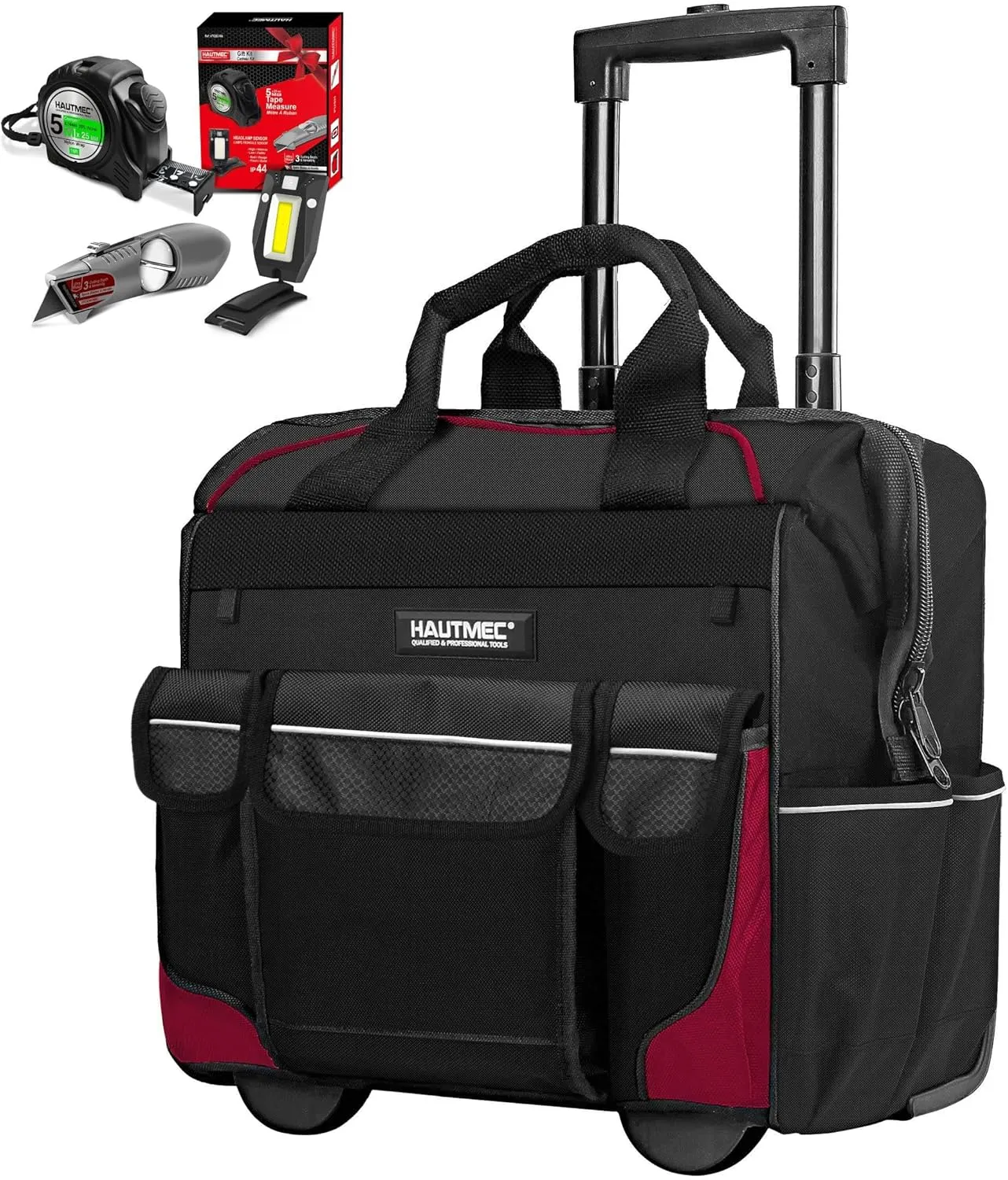 HAUTMEC Professional 14.5" Wide Mouth Rolling Tool Bag with 3 Pcs Tool Set