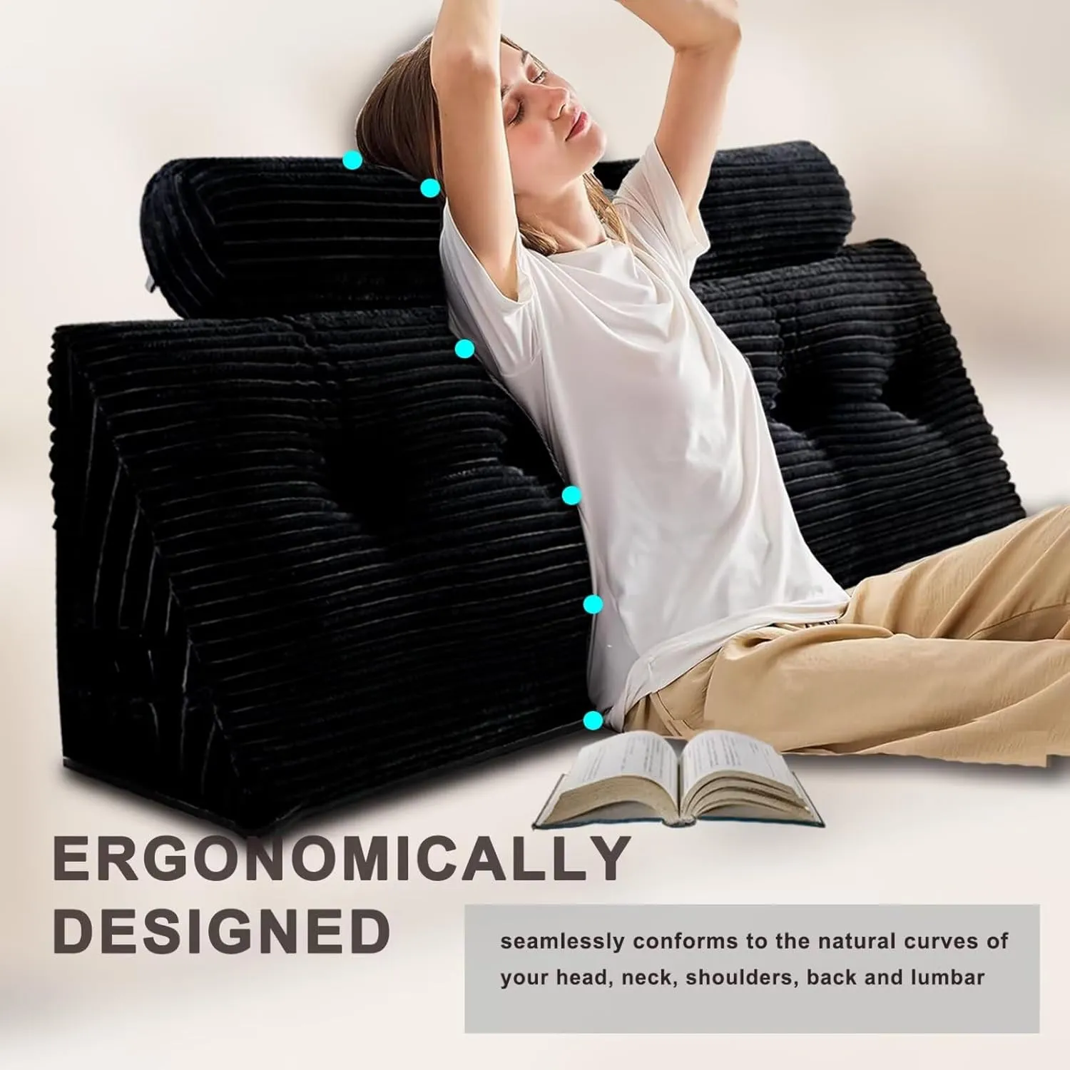 Headboard Pillow for Perfect Reading and Relaxation - Black Wedge Backrest Pillow for Bed,Daybed,and Lounging - Supportive and Stylish Long Pillow for Sitting and Sleeping Full (54x8x20 Inches)