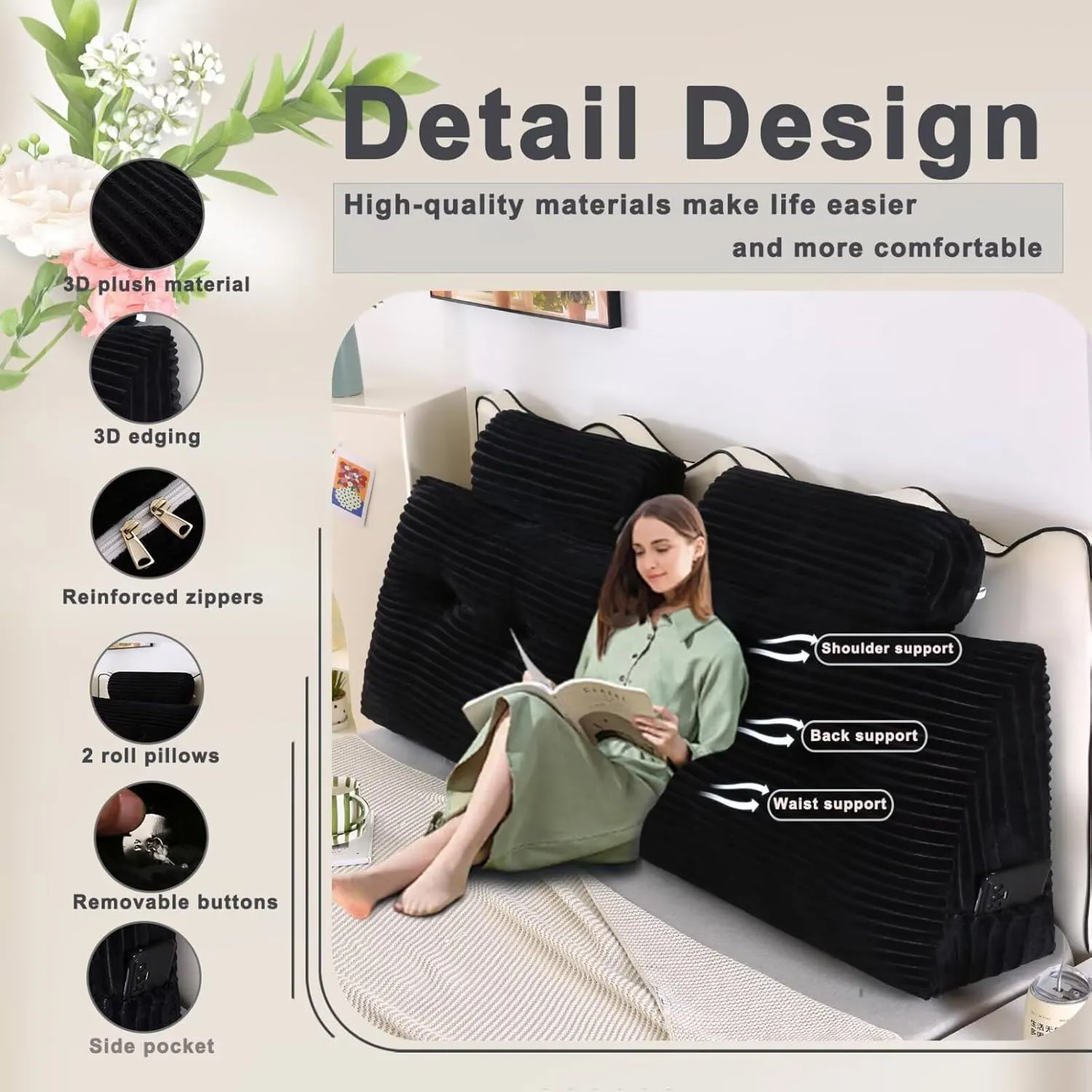 Headboard Pillow for Perfect Reading and Relaxation - Black Wedge Backrest Pillow for Bed,Daybed,and Lounging - Supportive and Stylish Long Pillow for Sitting and Sleeping Full (54x8x20 Inches)
