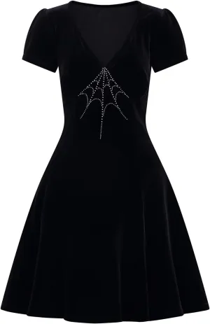 Hell Bunny Morticia Crystal Spider Web Black Gothic Wicca Velvet Dress