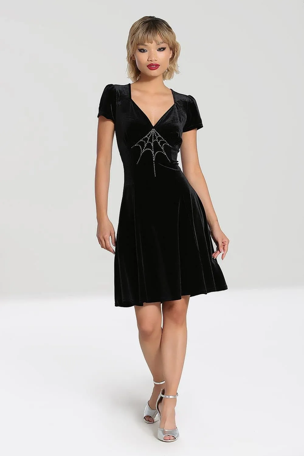 Hell Bunny Morticia Crystal Spider Web Black Gothic Wicca Velvet Dress