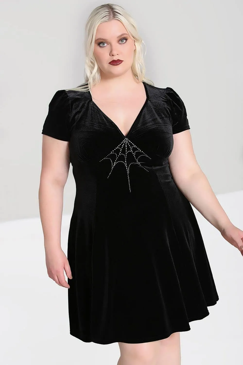 Hell Bunny Morticia Crystal Spider Web Black Gothic Wicca Velvet Dress