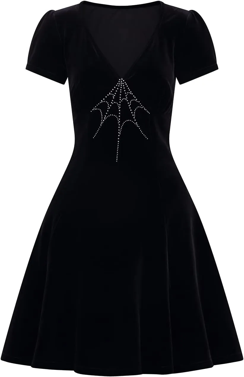Hell Bunny Morticia Crystal Spider Web Black Gothic Wicca Velvet Dress