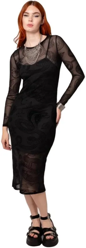 Hell Bunny Snake Charmer Dress – Black Gothic Sheer Mesh Midi with Snake Print