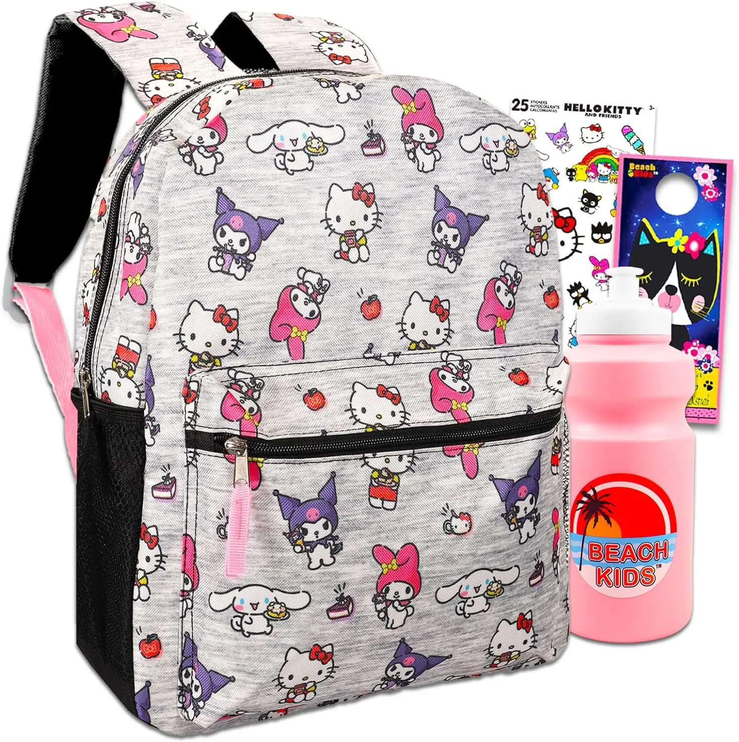 Hello Kitty Backpack for Girls - 16' School Bag Set with Front Pocket, Stickers, Water Bottle