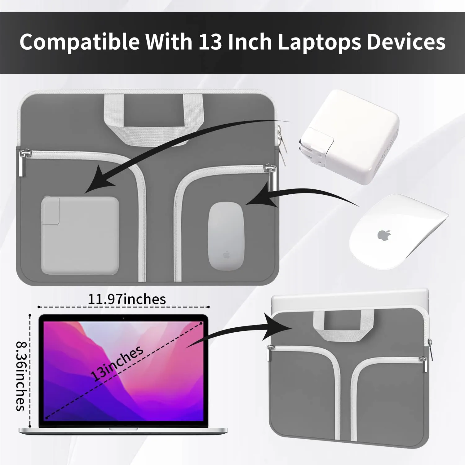 HESTECH Chromebook Case,11.6-12.3 Laptop Sleeve Neoprene Computer Bag Handle Protective Cover for Acer R11/Spin 311/HP Stream/Samsung/Surface Pro X/7/6/5/4/Go 12.4"/13 inch MacBook Air/Pro M2 M1,Gray