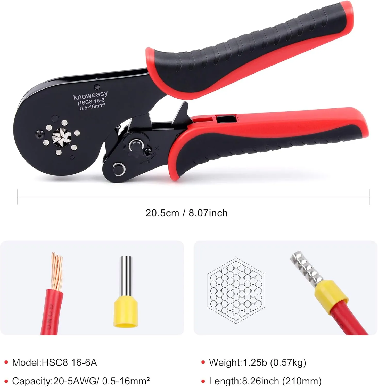Hexagonal Ferrule Crimping Tool,Knoweasy 16-6 Ferrules Crimp Tool and Hexagonal Wire Ferrule Crimper Used for 30-5 AWG/0.5-16mm² Cable End Sleeves