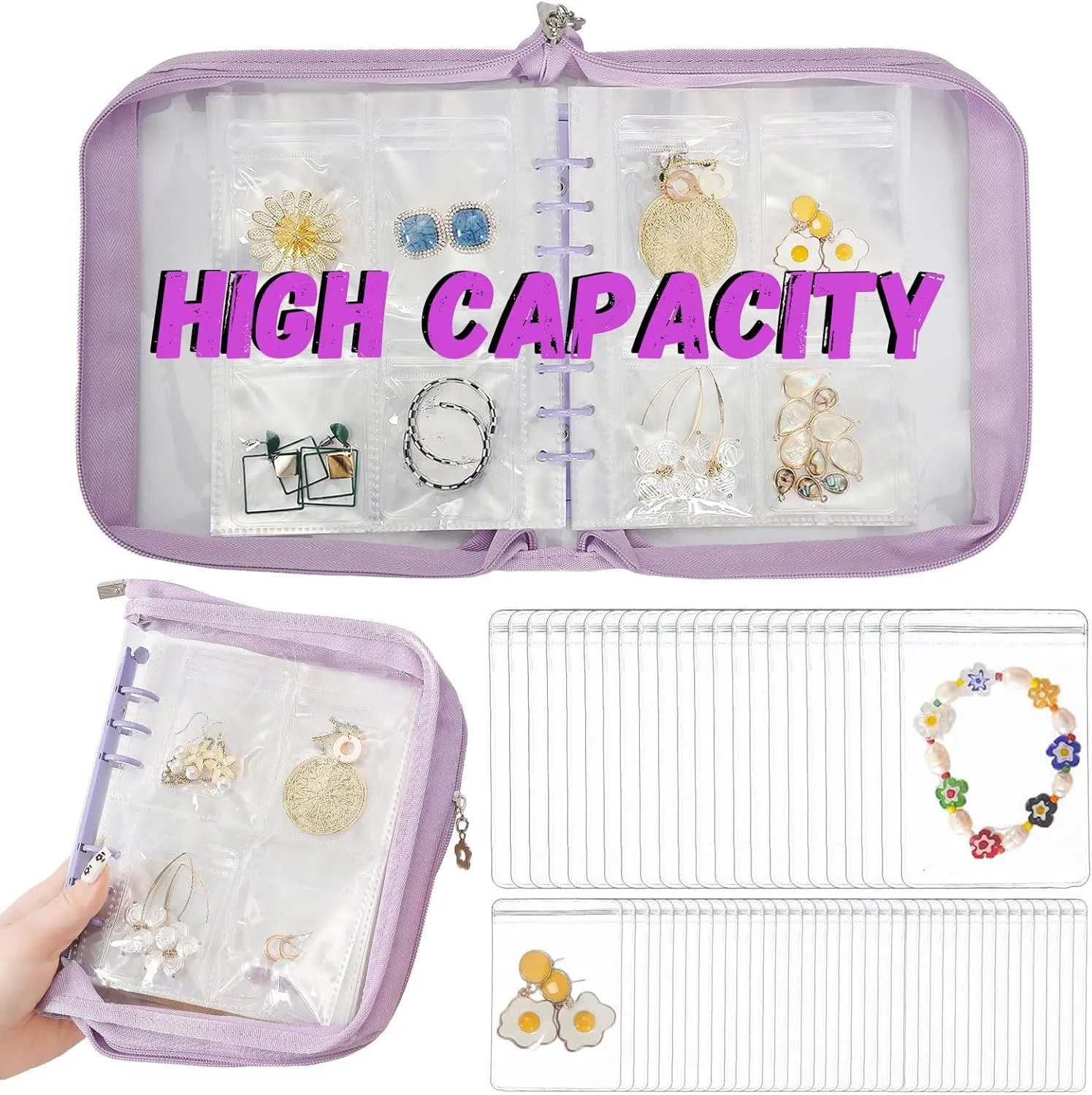 High Capacity Jewelry Organizer Travel Earring Organizer Case Transparent Jewelry Storage Book for Accesorios, Earring, Necklace, Ring, With pvc Jewelry Pouches Zipper Bags