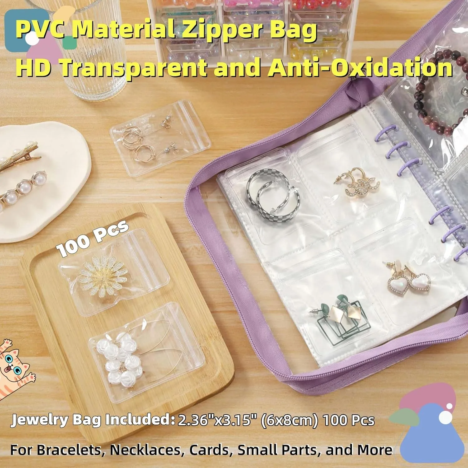 High Capacity Jewelry Organizer Travel Earring Organizer Case Transparent Jewelry Storage Book for Accesorios, Earring, Necklace, Ring, With pvc Jewelry Pouches Zipper Bags