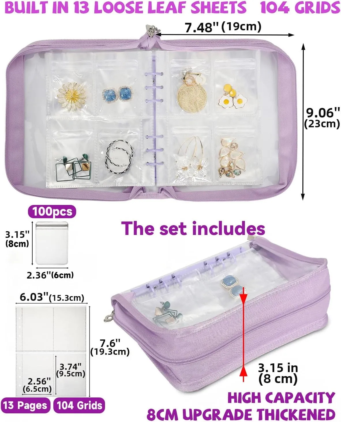 High Capacity Jewelry Organizer Travel Earring Organizer Case Transparent Jewelry Storage Book for Accesorios, Earring, Necklace, Ring, With pvc Jewelry Pouches Zipper Bags