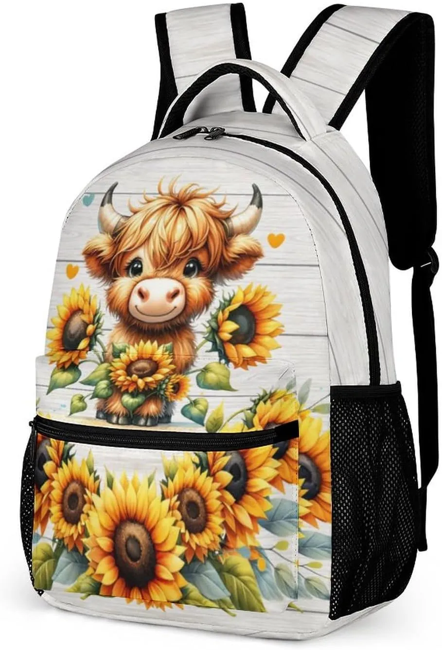 Highland Cow Backpack for Kids Girls Boys School, 16 Inches Cute Highland Cow Theme Bookbag, Adjustable, Lightweight, Large Capacity, Colorful Backpack for School