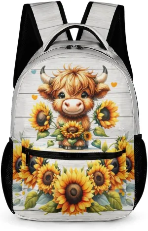 Highland Cow Backpack for Kids Girls Boys School, 16 Inches Cute Highland Cow Theme Bookbag, Adjustable, Lightweight, Large Capacity, Colorful Backpack for School