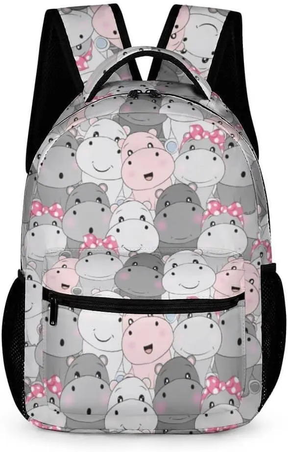 Hippo Backpack for Kids Girls Boys School, 16 Inches Cute Hippo Theme Bookbag, Adjustable, Lightweight, Large Capacity, Colorful Hippo Backpack for School