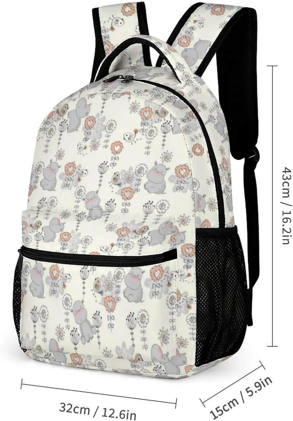 Hippo Backpack for Kids Girls Boys School, 16 Inches Cute Hippo Theme Bookbag, Adjustable, Lightweight, Large Capacity, Colorful Hippo Backpack for School