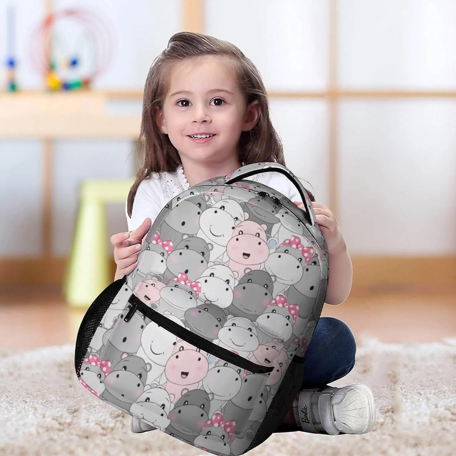 Hippo Backpack for Kids Girls Boys School, 16 Inches Cute Hippo Theme Bookbag, Adjustable, Lightweight, Large Capacity, Colorful Hippo Backpack for School