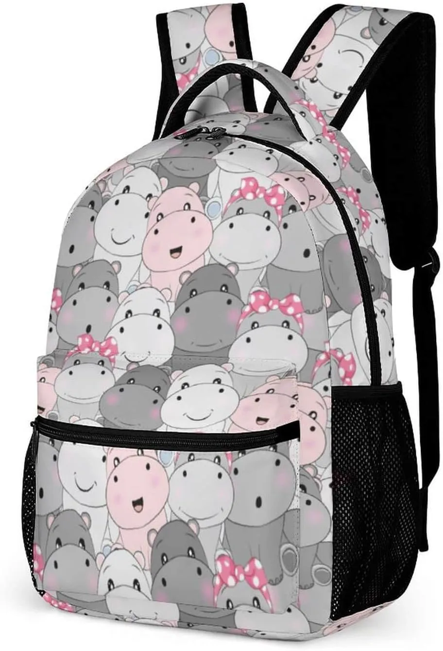 Hippo Backpack for Kids Girls Boys School, 16 Inches Cute Hippo Theme Bookbag, Adjustable, Lightweight, Large Capacity, Colorful Hippo Backpack for School