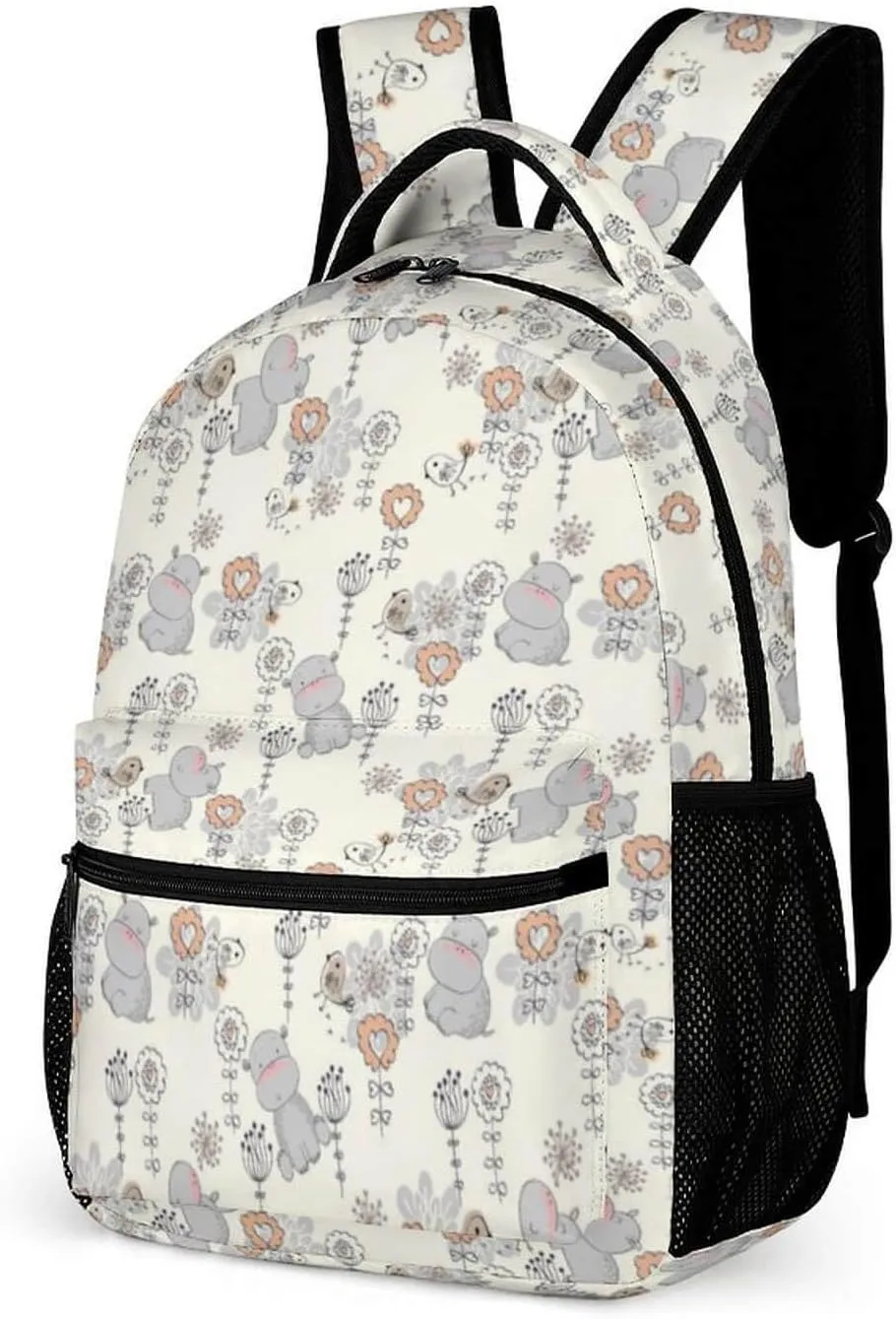 Hippo Backpack for Kids Girls Boys School, 16 Inches Cute Hippo Theme Bookbag, Adjustable, Lightweight, Large Capacity, Colorful Hippo Backpack for School